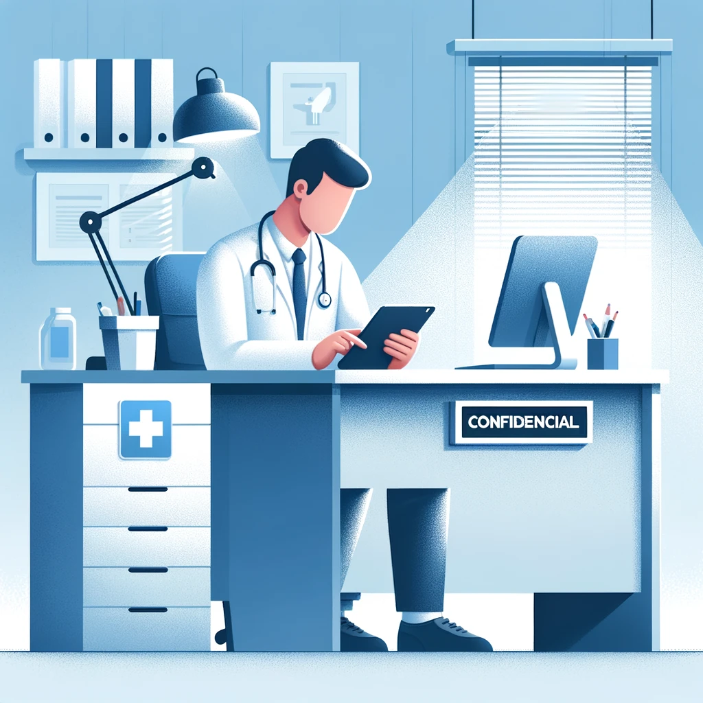 Sigilo médico: profissional de saúde usa software médico para trabalhar com dados confidenciais.
