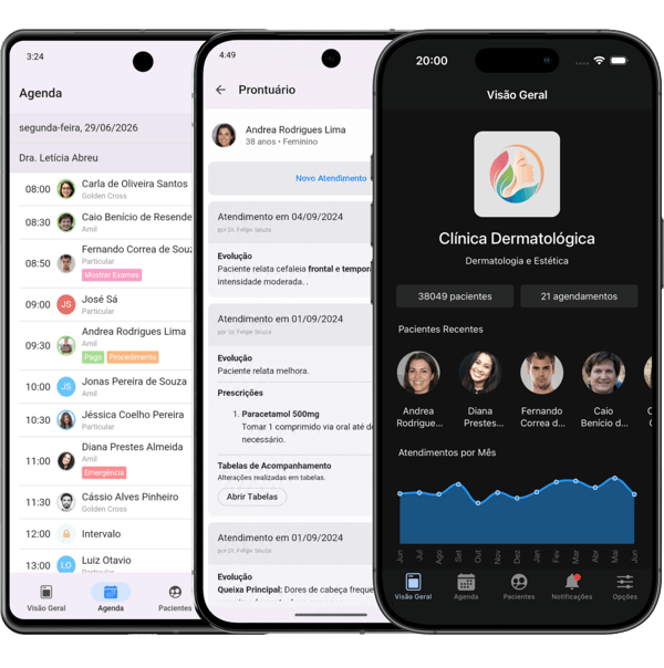 Aplicativos oficiais do Consultório Live para Android e iPhone mostrando agenda, prontuário e visão geral.