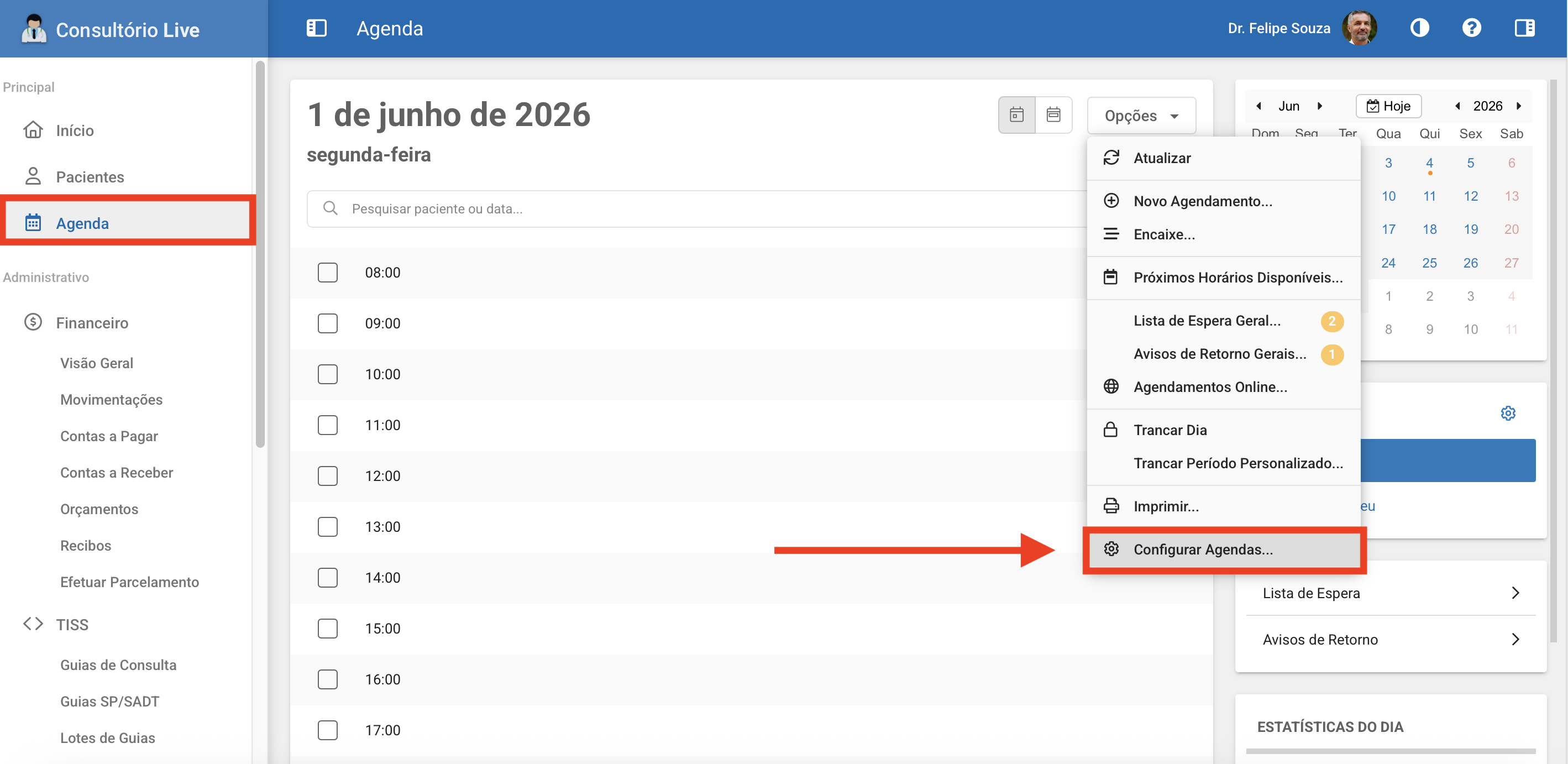 Editando uma agenda através do menu Opções