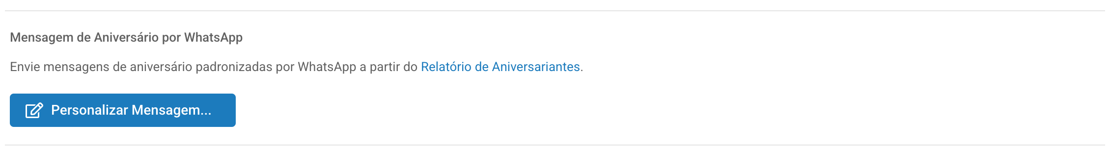 Seção de mensagem de aniversário pelo WhatsApp nas preferências; a seta indica Personalizar Mensagem.